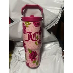 Juicy Couture Pink Floral Leopard Print Insulated Tumbler with Handle and Straw